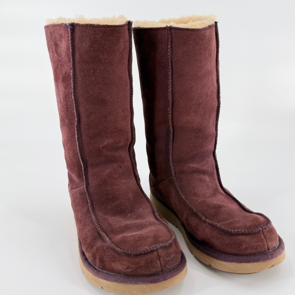 UGG Sunburst Tall Burgundy Suede Sheepskin Moc Toe Boots Women Size 9